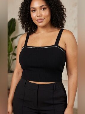 Vtg Toula Black Knit Rhinestone Trim Crop Top‎ – Size 18 Plus Size Glam Camisole